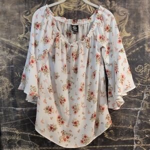 Bobeau White Floral Blouse with Pink Accents